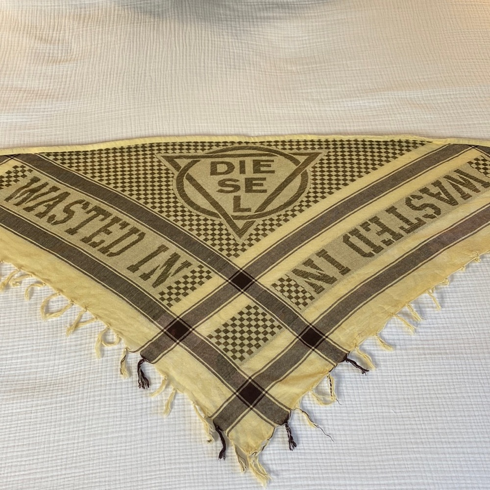 Diesel 5’ wide x 2’ long reversible shawl scarf in tan and brown